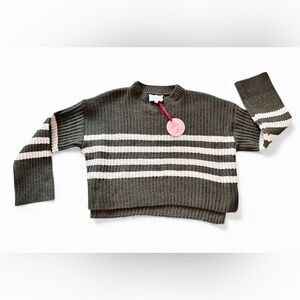 Large NWT pink rose ivory olive stripe crewneck pull over sweater boho preppy